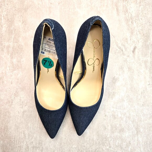 Jessica Simpson Denim Pumps 7.5 Blue Retro Dressy Pointed Toe High Heel Shoes - Picture 2 of 10